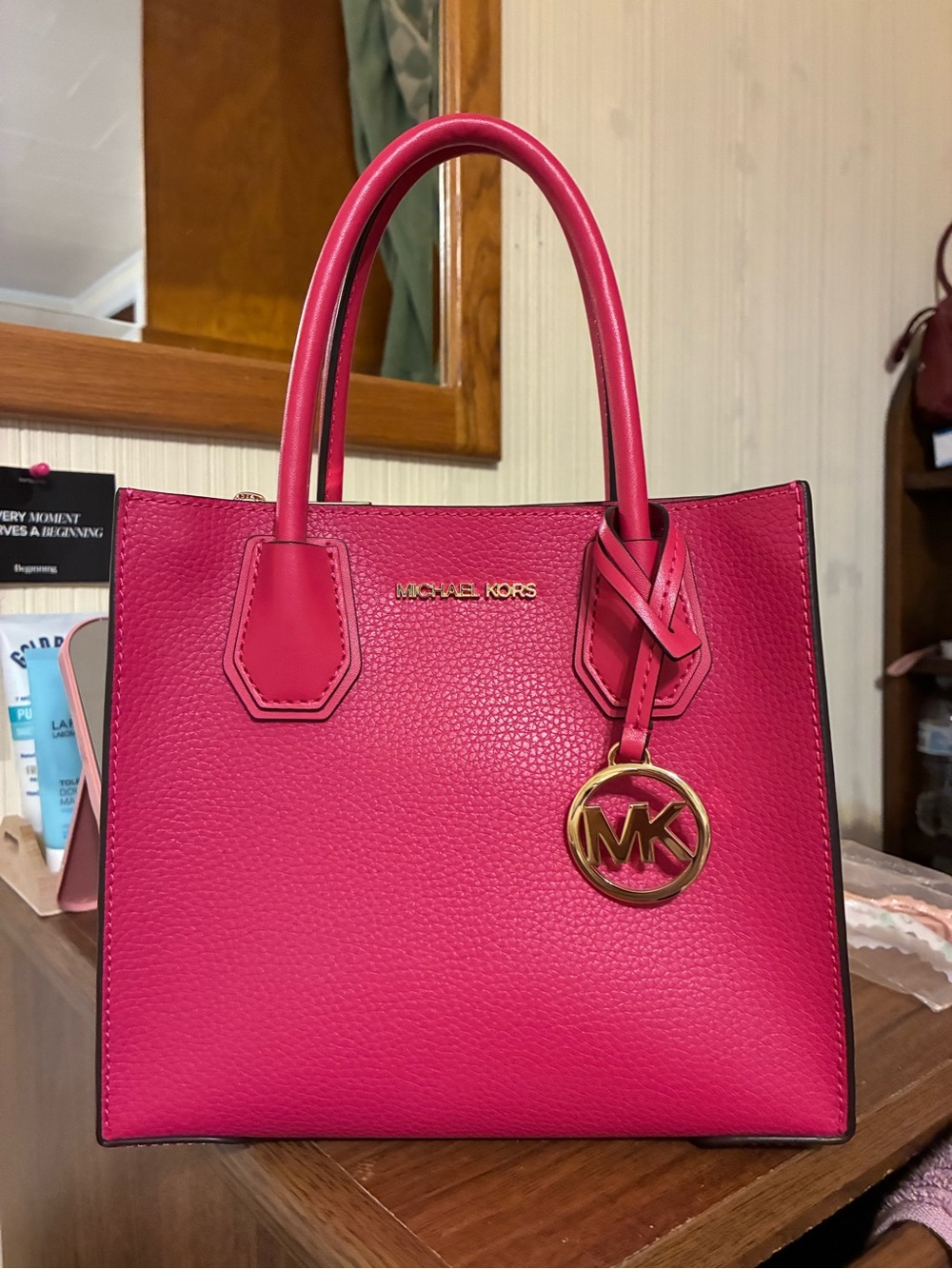 Michael Kors Hot Pink Leather Satchel with Gold MK Charm